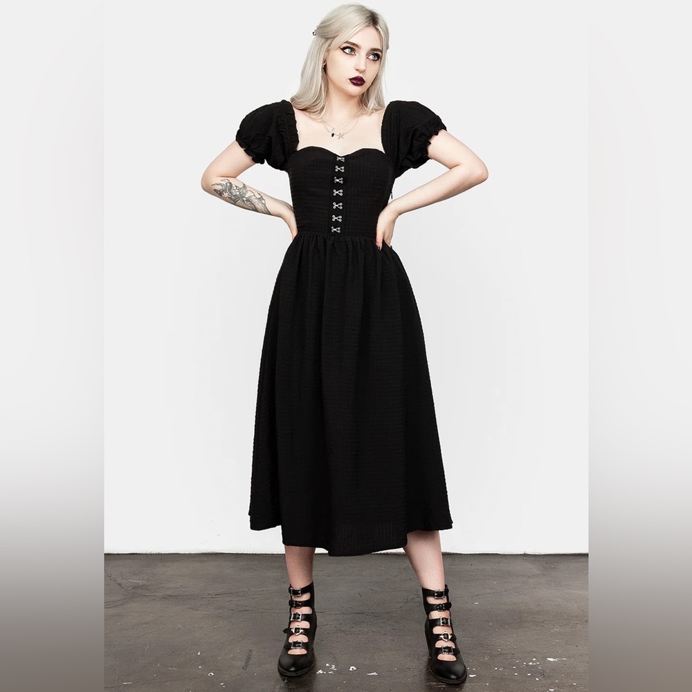 Disturbia Mortem Midi Dress With Puff Sleeves- black gingham goth plus size